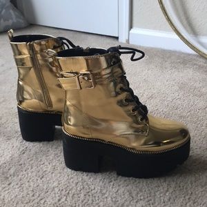 Reflective Gold Metallic LaceUp Chunky Heel Boots
